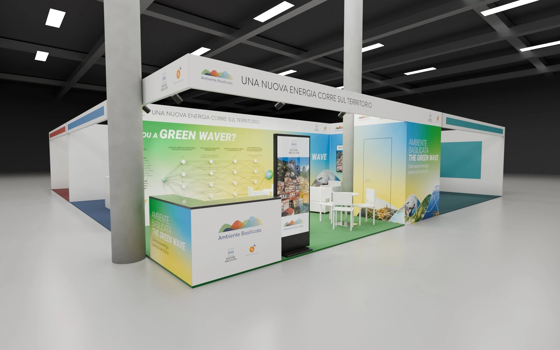 Render dello stand della Regione Basilicata per Ecomondo visto all'altezza degli occhi
