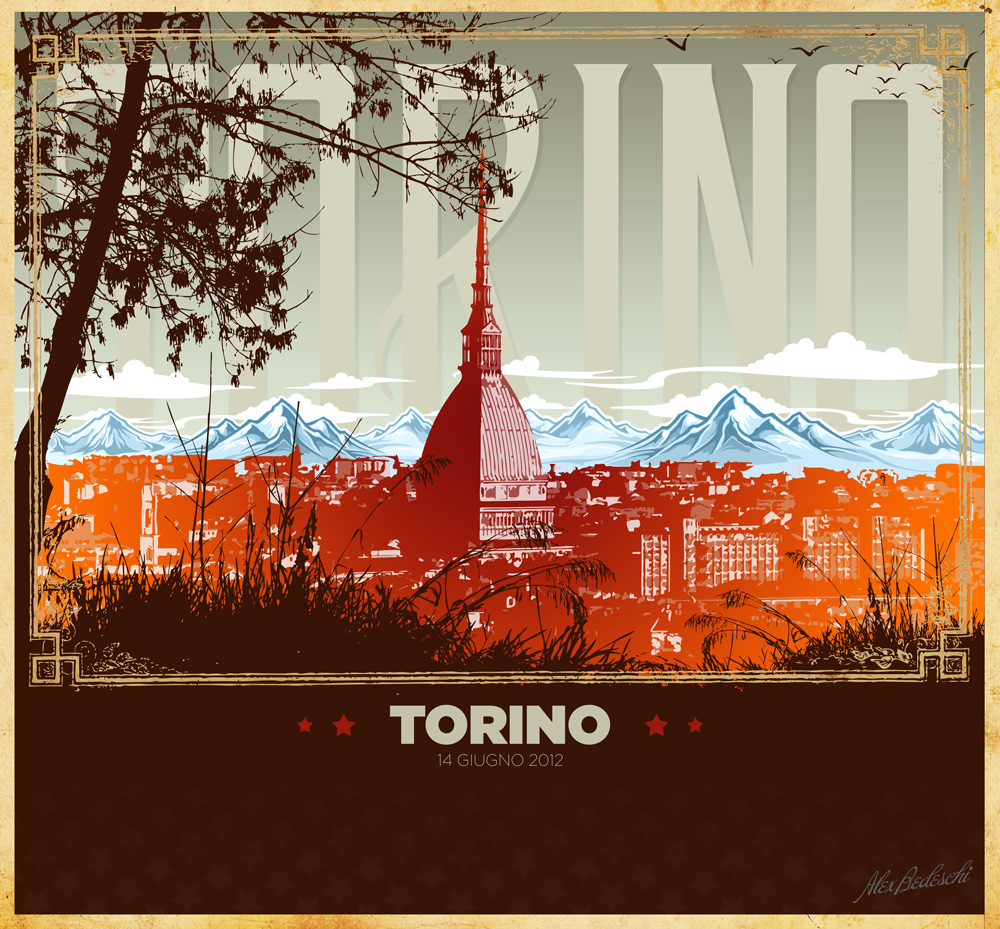 Illustrazione della Mole Antonelliana e dei tetti di Torino con le Alpi, disegnata da Alex Bedeschi